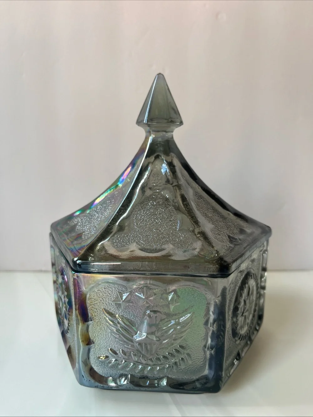 Indiana Glass Iridescent Carnival Glass Lidded Trinket Box